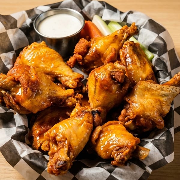 A basket of golden-brown chicken wings with ranch dressing, celery, and carrots on a wooden table.