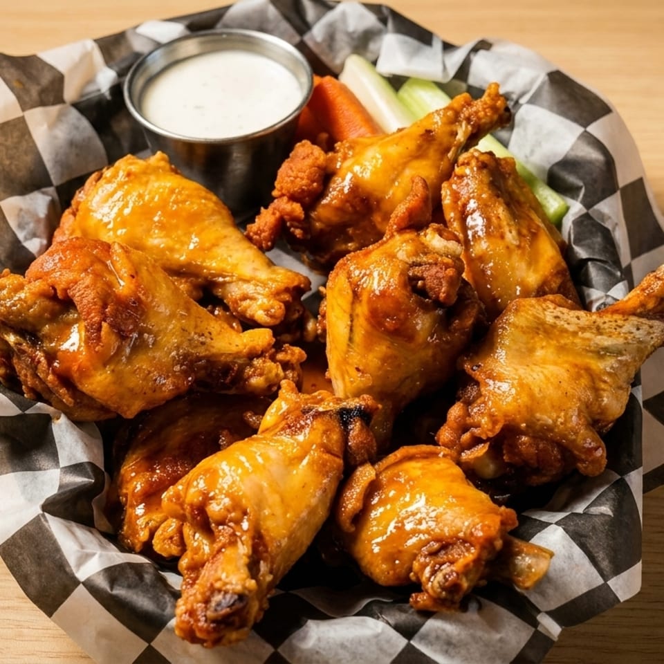 A basket of golden-brown chicken wings with ranch dressing, celery, and carrots on a wooden table.