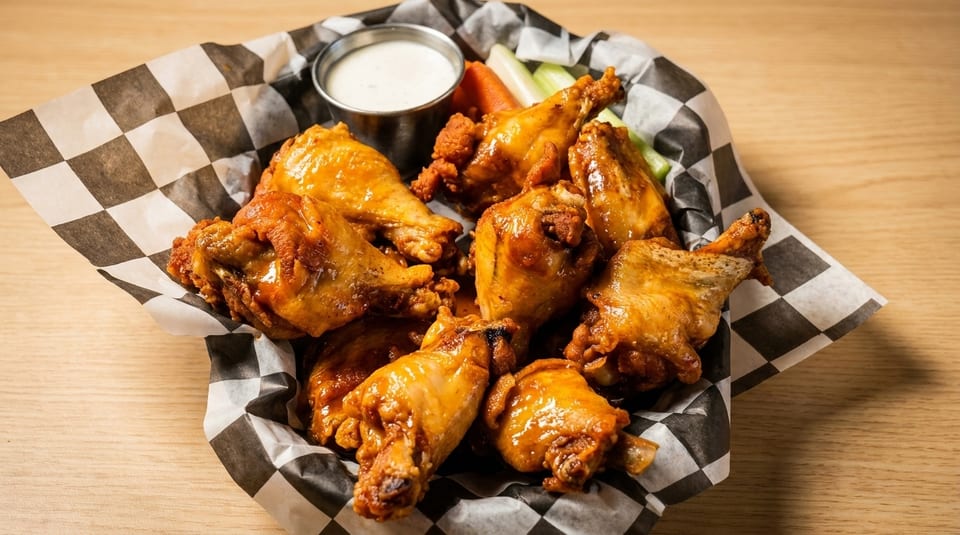 A basket of golden-brown chicken wings with ranch dressing, celery, and carrots on a wooden table.