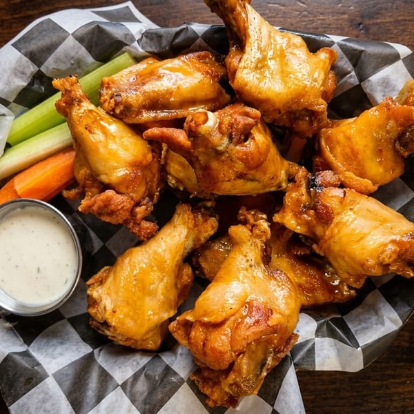 A basket of golden-brown chicken wings with celery, carrots, and ranch dressing on a wooden table.