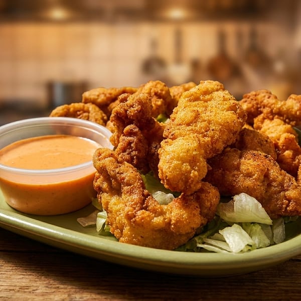 Crispy fried chicken tenders on a bed of lettuce with a side of dipping sauce.