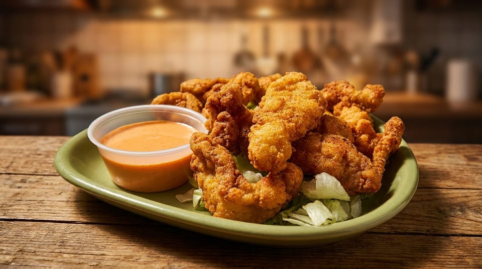 Crispy fried chicken tenders on a bed of lettuce with a side of dipping sauce.