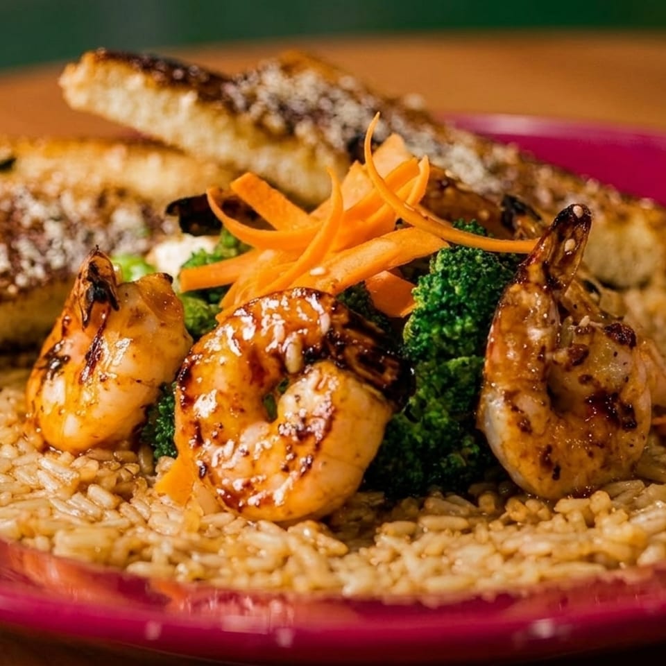 Grilled shrimp, broccoli, and carrot slivers on a bed of rice, with two pieces of toast.